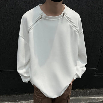 Riolio Spring Men Sweatshirts Metal Zipper Solid Color Casual O Neck Fashion Oversize Streetwear Hip Hop Male White/Black